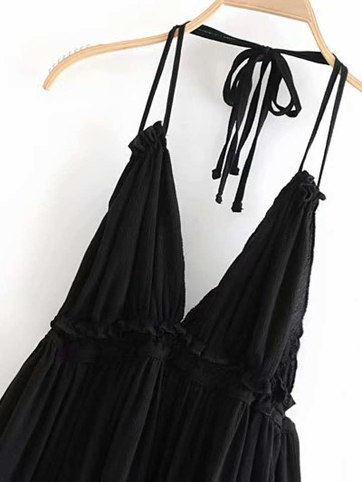 Dobby Mesh Self-Tie Ruffled Halter Dress