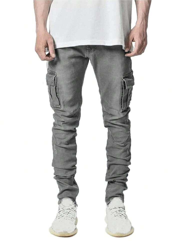 Street Life Men's Casual Fashion Street Daily Commute Flap Pocket Cargo Denim Jeans