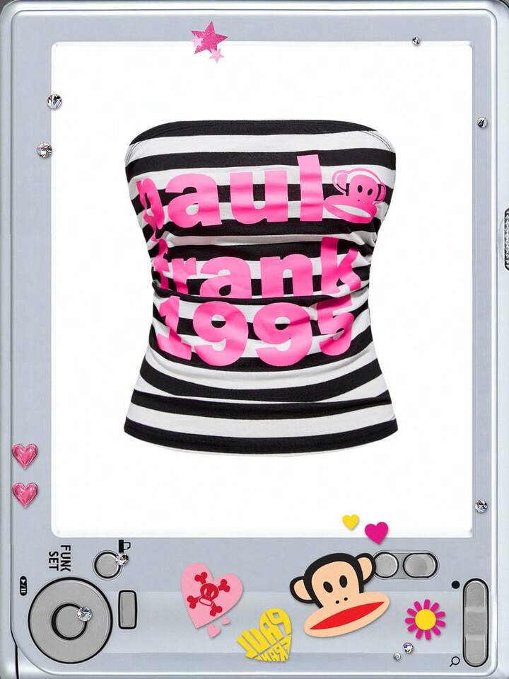 Paul Frank X ROMWE Women Kpop Striped Letter Graphic Vintage Y2K Tube Top