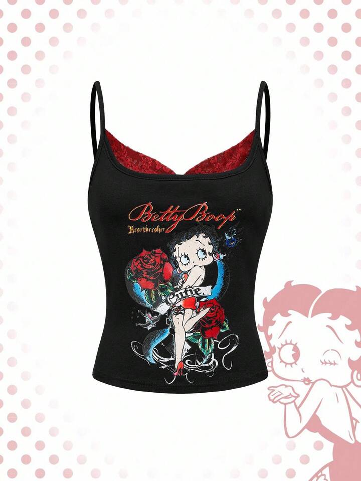 Betty Boop | ROMWE Plus Size Women Y2K Rose & Portrait Graphic Lace Camisole Top
