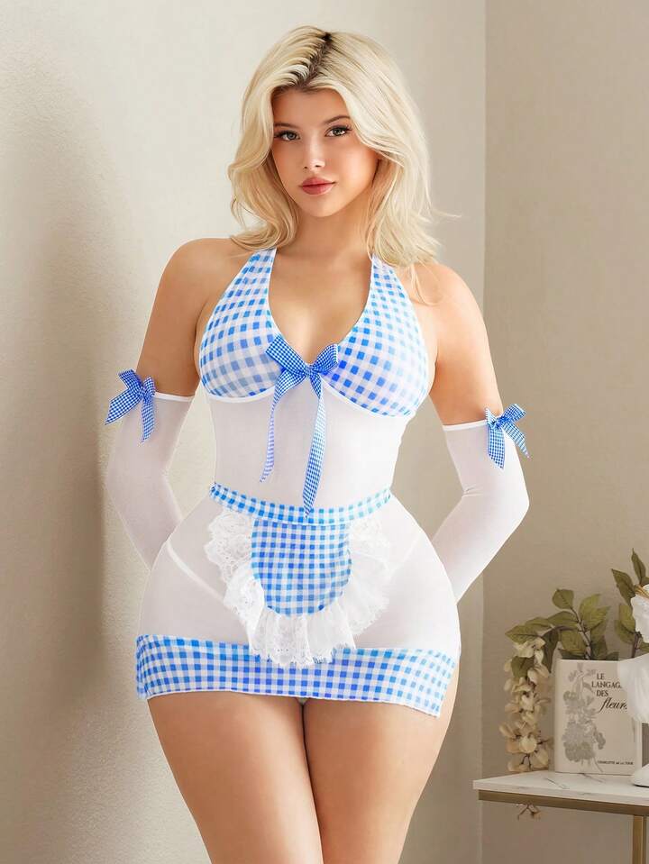 Kawaii Sweet Blue & White Maid Costume Sexy Lingerie Set, For Valentine's Day