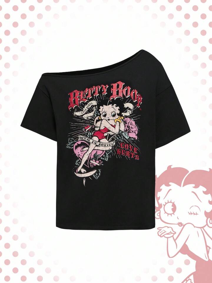 Betty Boop | ROMWE Sexy Cartoon Figure Graphic Black Asymmetrical Neck Women T-Shirt