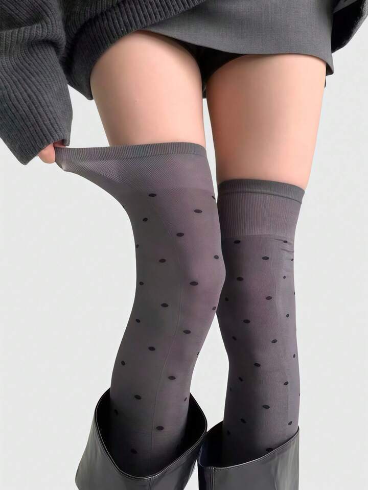 Kawaii 1 Pair Dark Grey Y2K Retro Polka Dot Pop Art Fashion Minimalist Women Over-The-Knee Socks, Suitable For School, Casual, Commute, Date And More