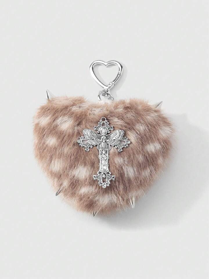 Kawaii 1pc Y2K Retro Punk Goth Style Brown Faux Fur Leopard Print Rivet 3D Heart Cross Pendant Keychain, Suitable For Women, Daily Wear Or Gift, Halloween