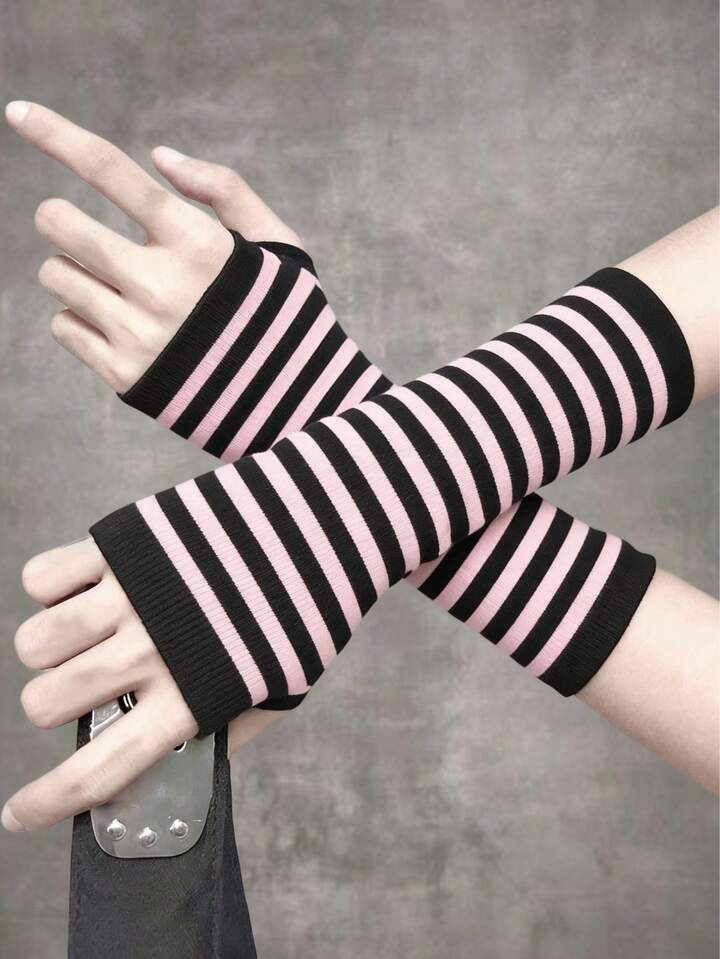 Goth 1 Pair Of Minimalist Style Knitted Gloves, Y2K Style Solid Color Striped Arm Cover, Black Pink Striped Contrasting Color Spring And Autumn Thin Warm Arm Cover
