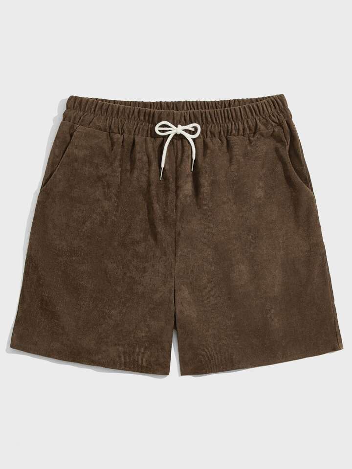 Casual Men Corduroy Drawstring Waist Shorts, School