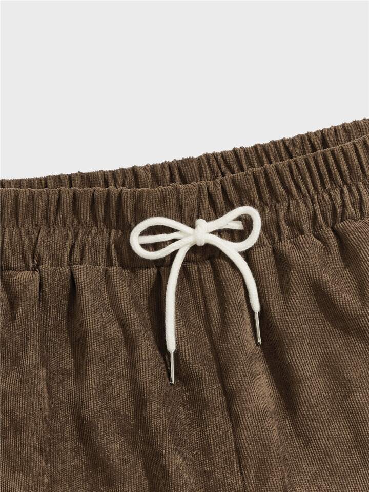 Casual Men Corduroy Drawstring Waist Shorts, School