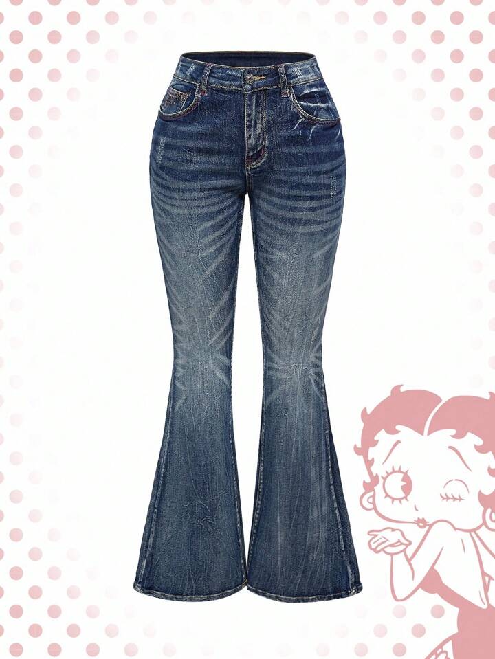 Betty Boop | ROMWE Y2K Biker Chic Rhinestone Wing Cartoon Figure Graphic Distressed Flare Leg Denim Low Waist Jeans 4 Betty Boop | ROMWE Plus Size Rhinestone Wing Embroidery Flared Jeans