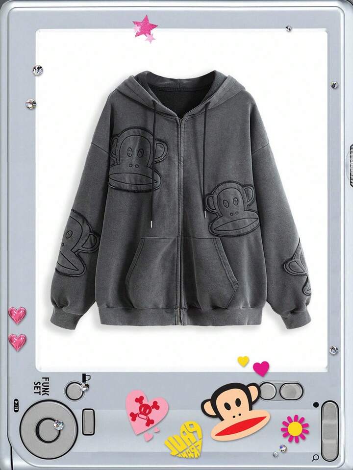 Paul Frank X ROMWE Street Subculture Vintage Washed Embroidered Loose Women Kpop Zip Up Sweatshirt