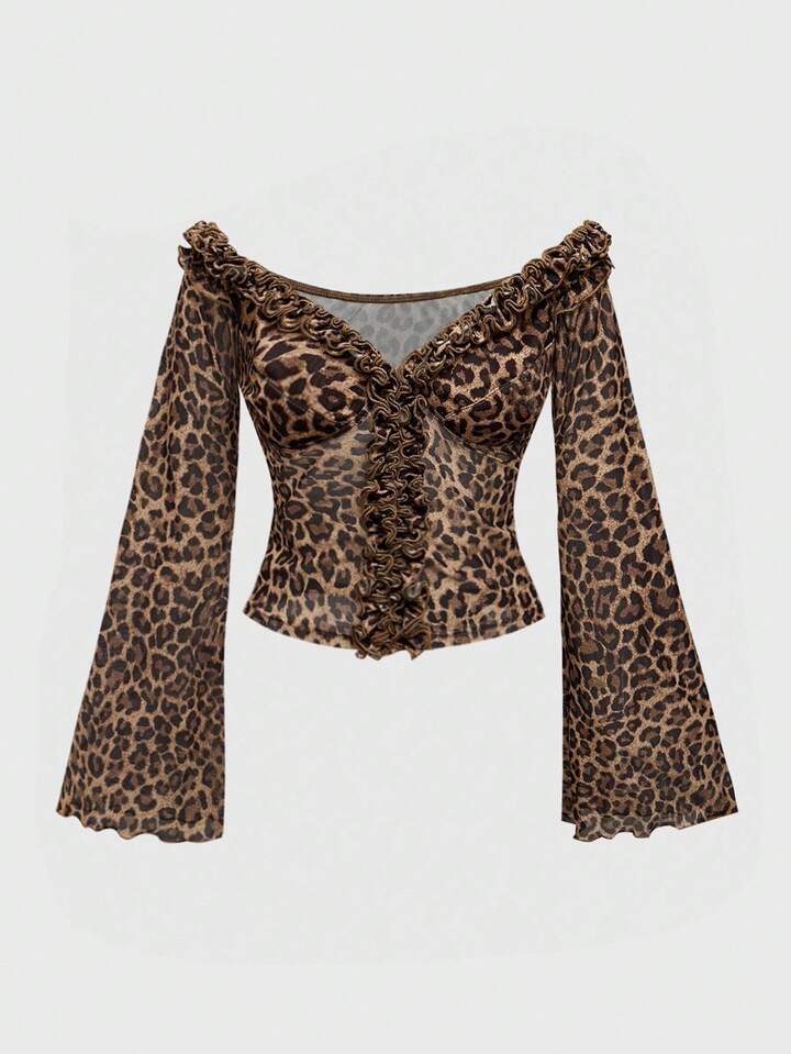 Hippie Plus Size Vintage Off Shoulder Flare Sleeve Ruffle Hem Leopard Print Sheer Blouse For Women