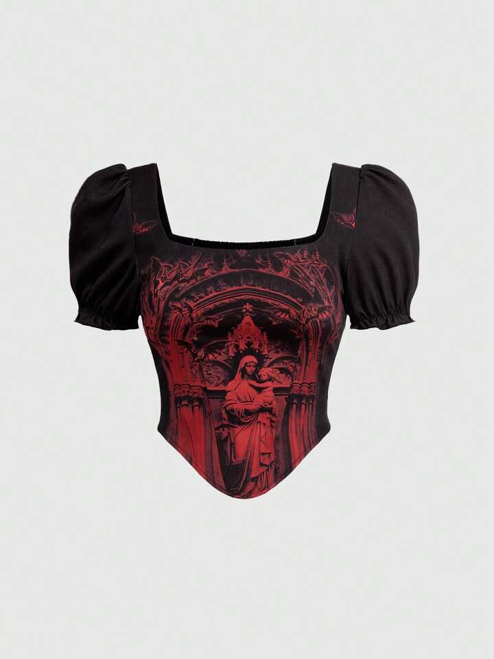 Gothic Medieval Palace Style Church & Castle Print Contrast Color Low Cut Fitted Lace-Up Puff Sleeve Blouse