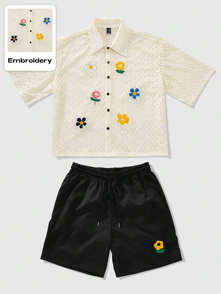 Casual Vacation Men's Floral Embroidered Front Button Short Sleeve Shirt And Black Shorts 2-Piece Set