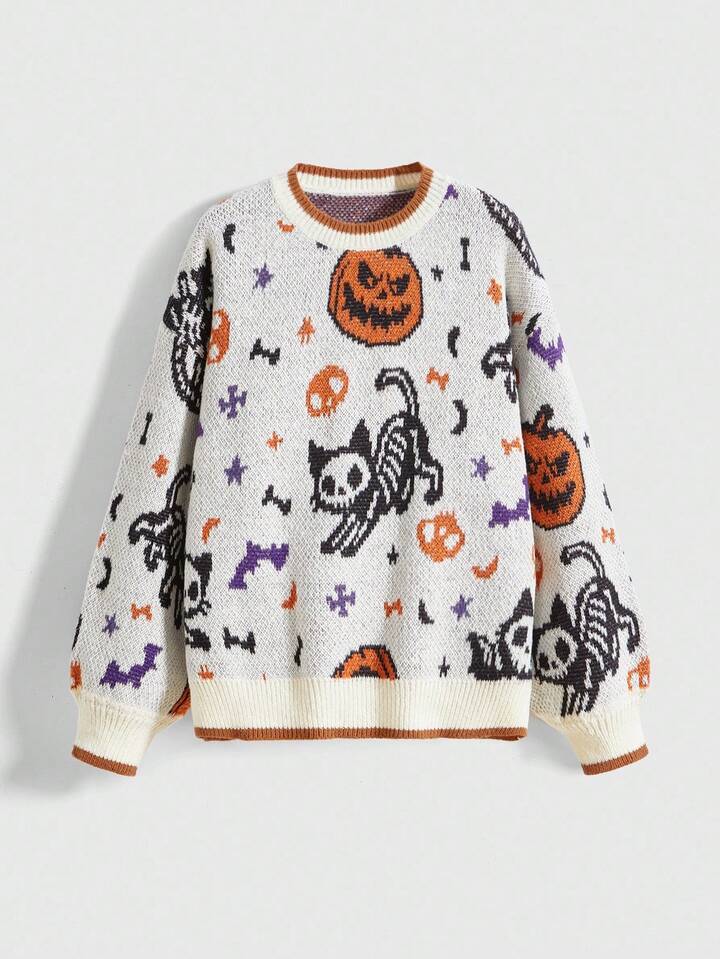 Fairycore Plus Size Women Casual Round Neck Halloween Pumpkin, Skull, Cat Jacquard Pullover Sweater