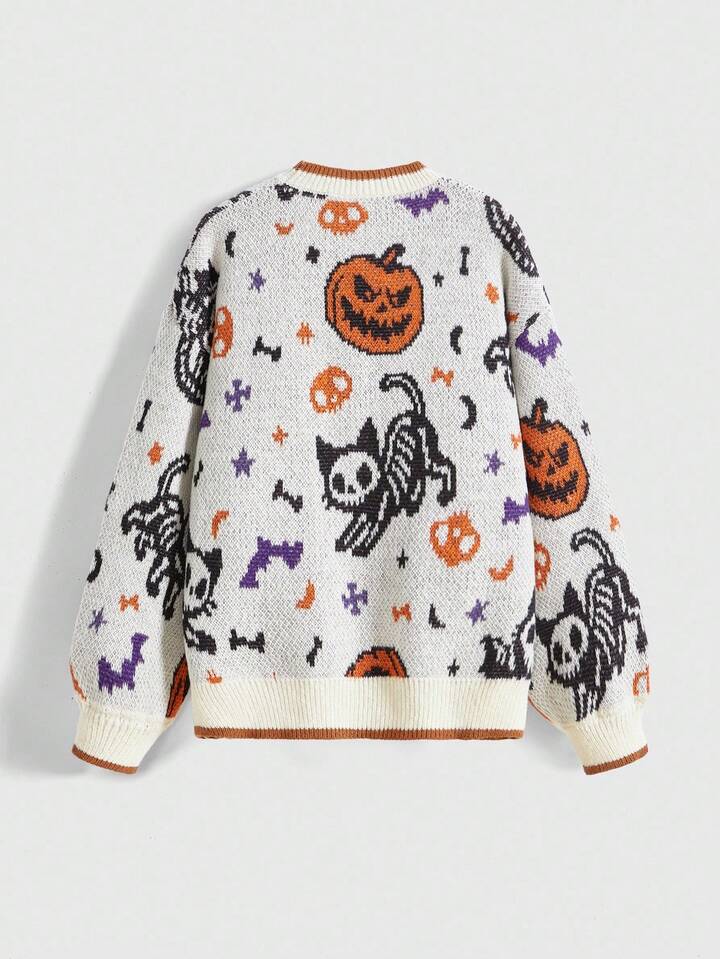 Fairycore Plus Size Women Casual Round Neck Halloween Pumpkin, Skull, Cat Jacquard Pullover Sweater