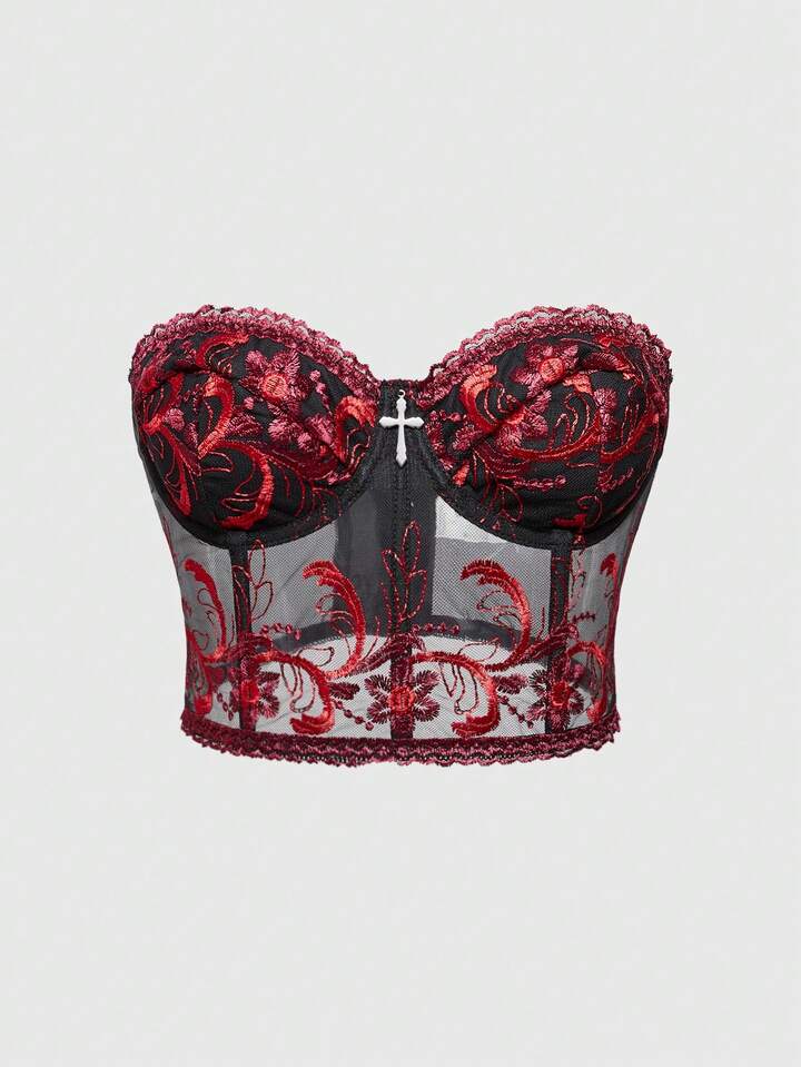 Dark Gothic Palace Style Floral Print Tube Top For Women, Layering Piece