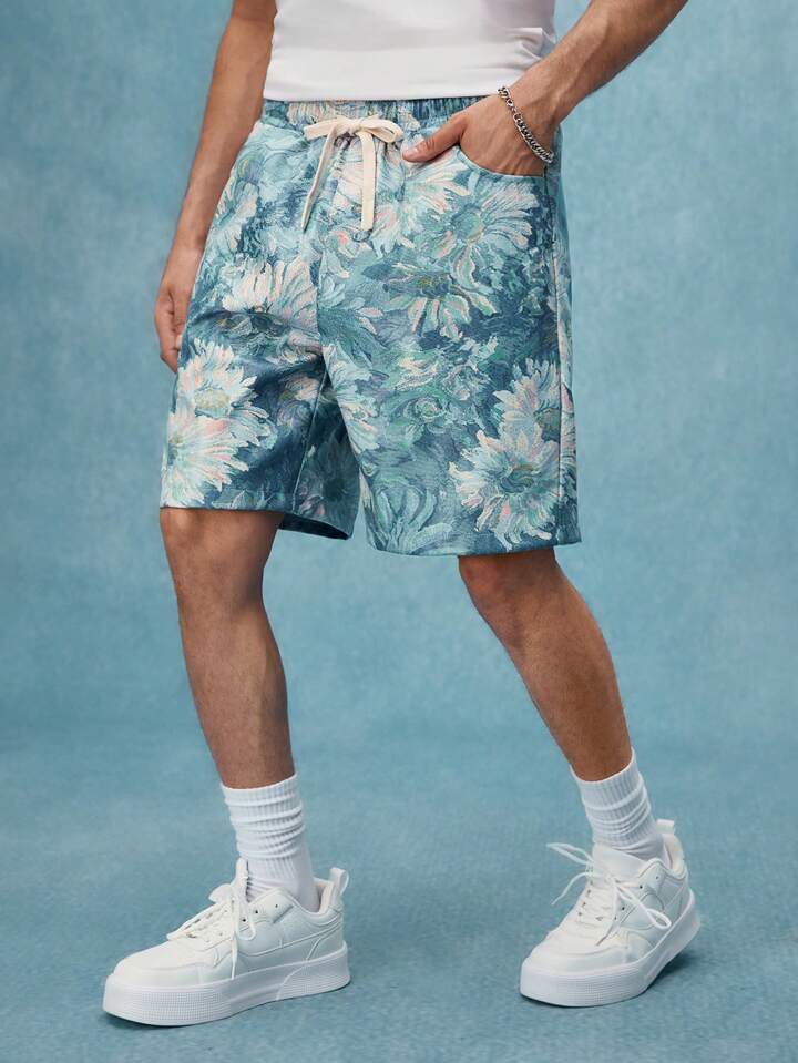 Casual Men's Floral Print Pockets Drawstring Waist Shorts
