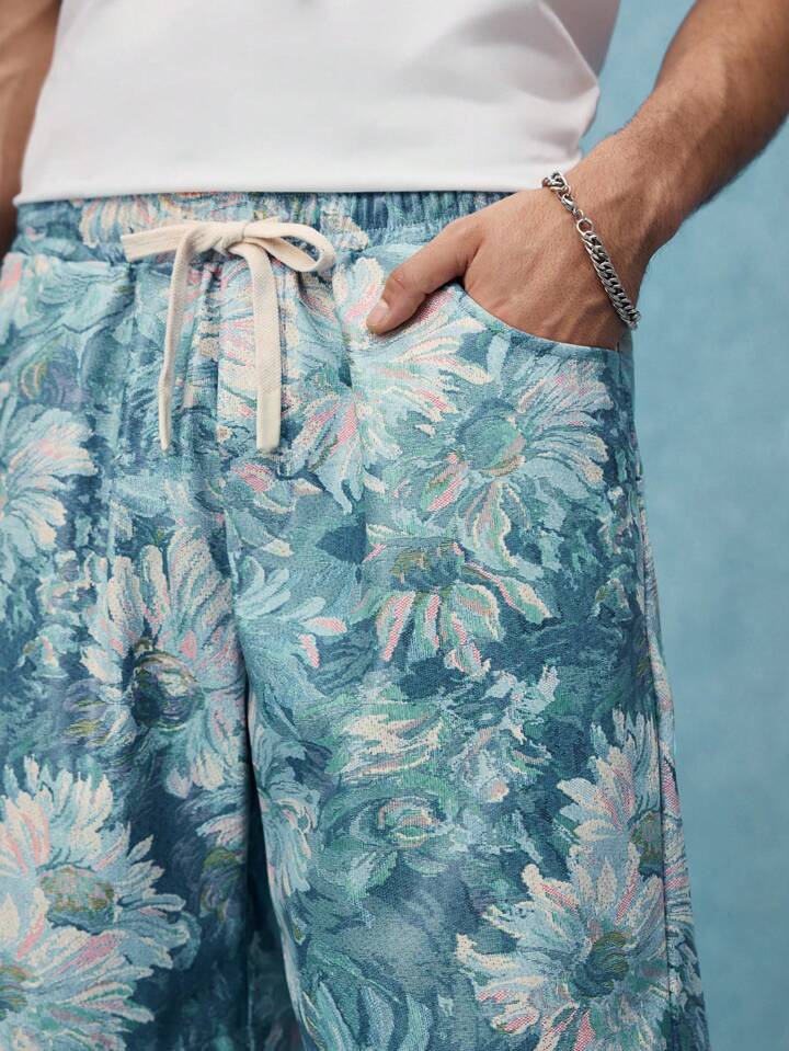 Casual Men's Floral Print Pockets Drawstring Waist Shorts