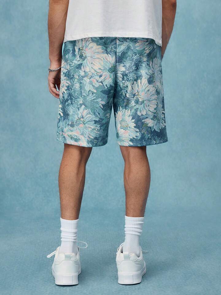 Casual Men's Floral Print Pockets Drawstring Waist Shorts