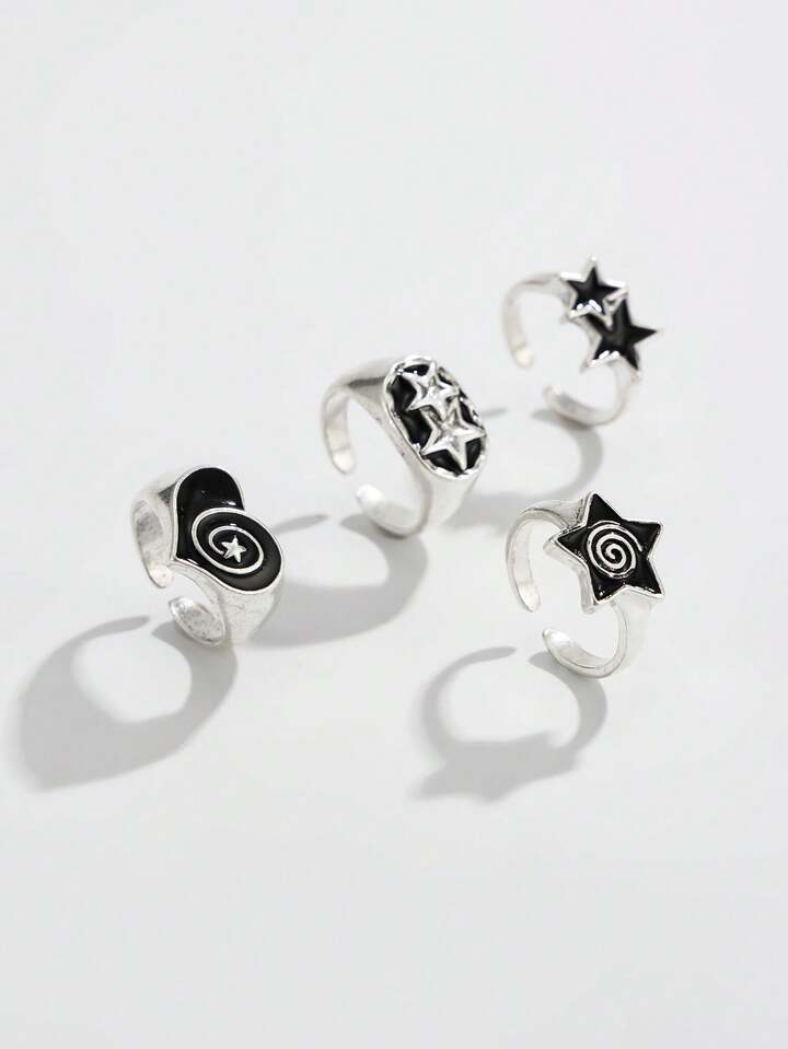 Goth 4pcs/Set Punk Style Spiral Star Rings, Adjustable Ring Set For Couples