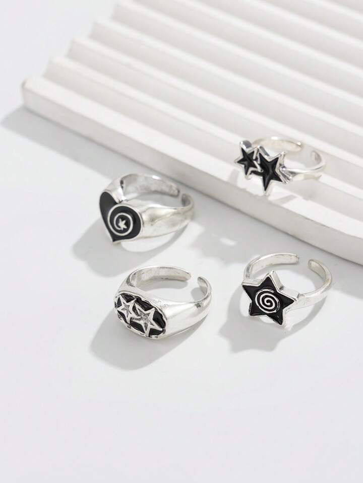 Goth 4pcs/Set Punk Style Spiral Star Rings, Adjustable Ring Set For Couples