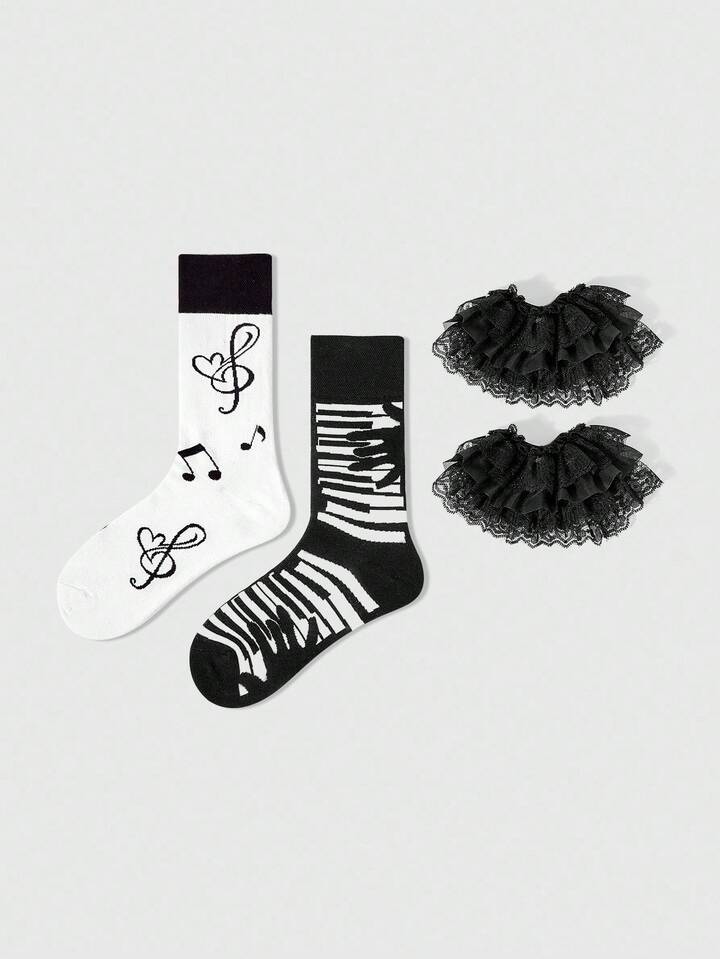 Kawaii 2 Pairs Y2K Punk Style Black & White Contrast Color Music Note Striped Mid-Calf Leg Warmers And Sexy Lace Trim Solid Color Ankle Leg Warmers Set, Suitable For Music Festivals, Anime Outfits, Casual Wear