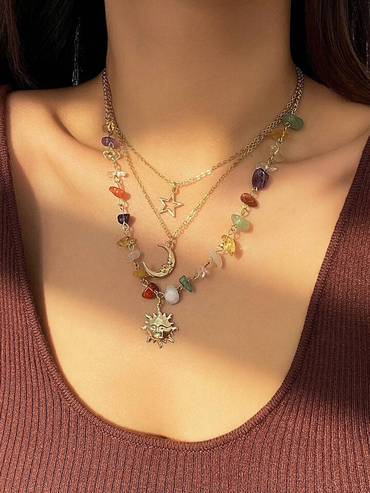 Fairycore 3pcs Fashionable And Simple Moon, Sun Pendant Crystal Beaded Chain Necklace Set (Stone Color Random)