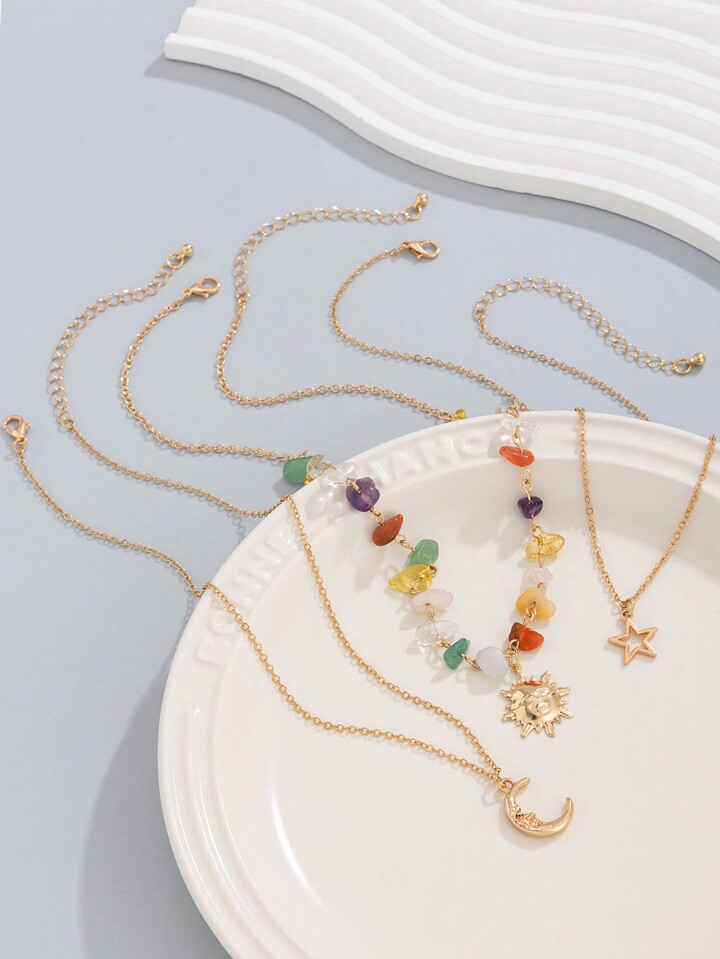 Fairycore 3pcs Fashionable And Simple Moon, Sun Pendant Crystal Beaded Chain Necklace Set (Stone Color Random)