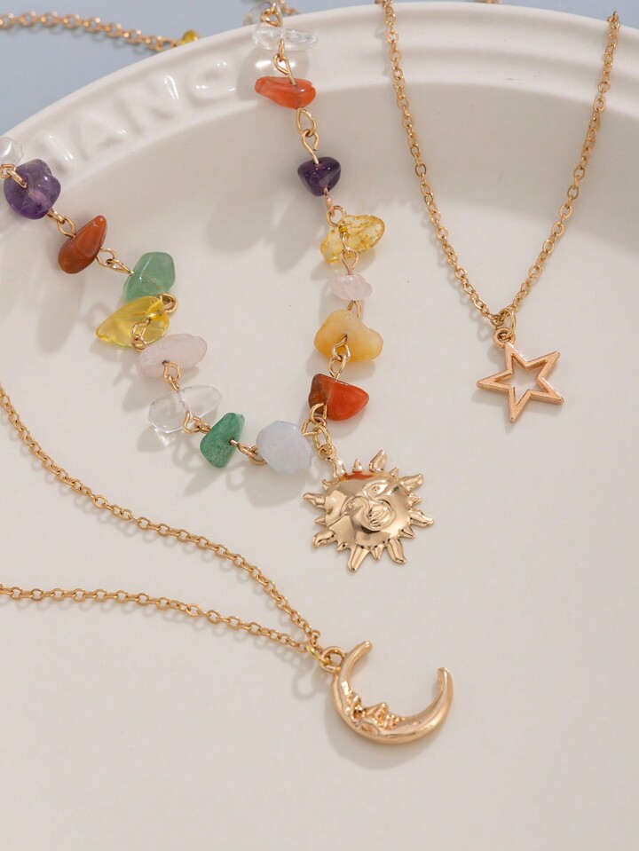Fairycore 3pcs Fashionable And Simple Moon, Sun Pendant Crystal Beaded Chain Necklace Set (Stone Color Random)