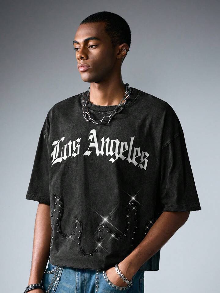 Men's Street Life Washed Applique Beading Short Sleeve T-Shirt, Loose Short Style, Rave