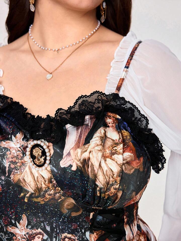 EDITION Plus Size Women's Vintage Palace Romantic Oil Painting Print Lace Trim Ruffle Hem Decorative Mini Dress