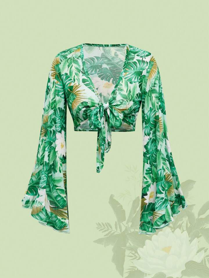 The White Lotus Beach Chiffon Women's Summer Holiday Cardigans With Tie-Front, Bell Sleeves & Ruffle Cuffs