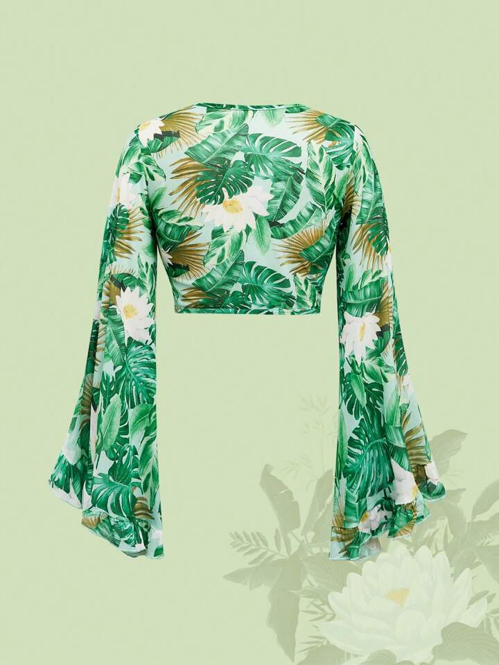 The White Lotus Beach Chiffon Women's Summer Holiday Cardigans With Tie-Front, Bell Sleeves & Ruffle Cuffs
