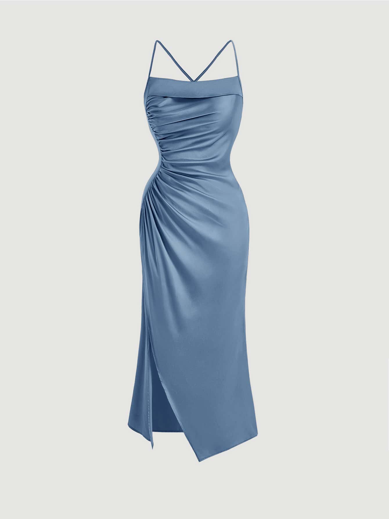 Crisscross Backless Split Thigh Ruched Cami Dress