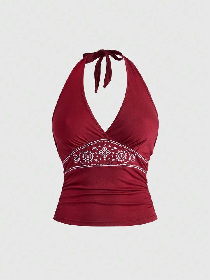 Hippie Sexy Summer Halter Neck Bowknot Tie Strap Embroidered Floral Low-Cut Coffee Color Women Camisole