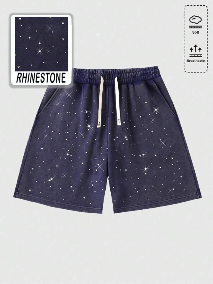 Men's Summer Casual Street Rhinestone Drawstring Waist Oblique Pocket Loose Shorts