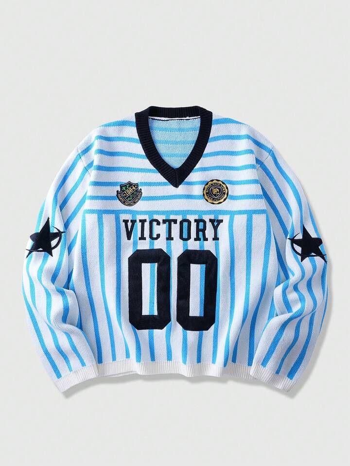 Men's Preppy Embroidered Pattern Jacquard Knit Sweater, Loose Fit
