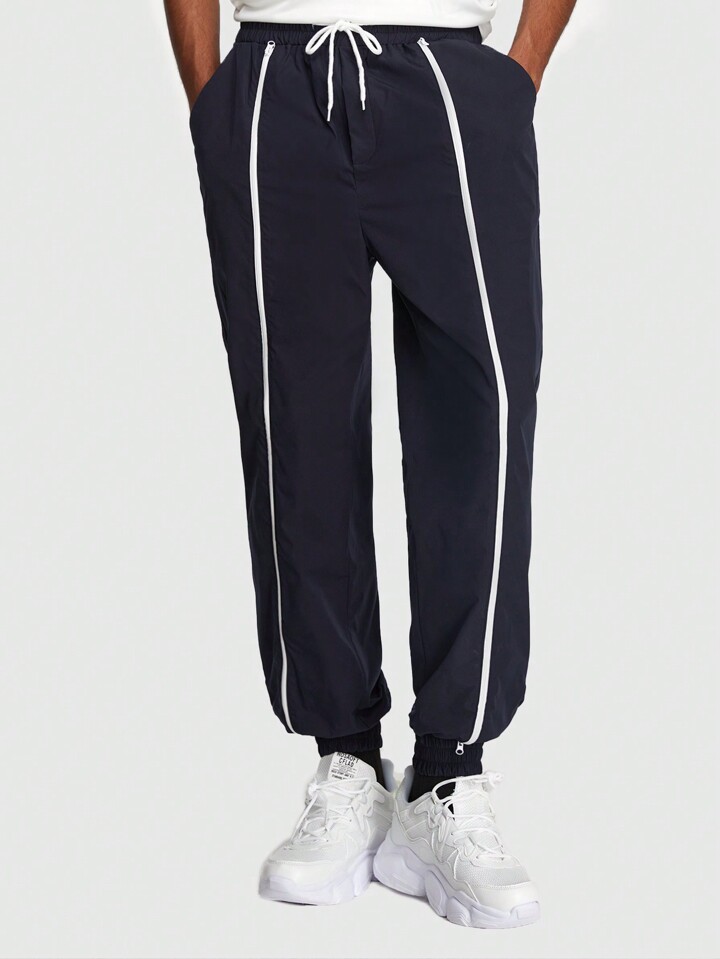 Prep Men'S Fashionable Drawstring Cuffed Pants With Double-Zipper Design, Perfect For Spring & Summer