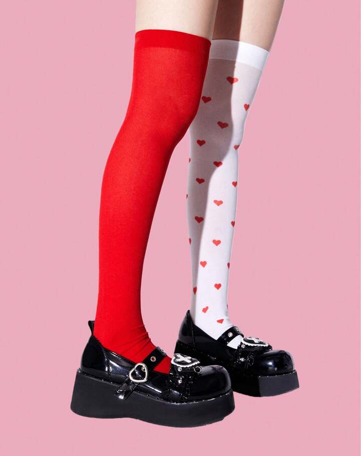 Kawaii 1pair Women Heart & Plaid Pattern Over The Knee Socks