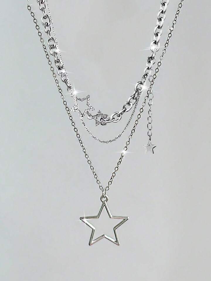 Goth 2pcs Punk Vintage Style Star Pendant Necklace Set With Rhinestone Detail, Double-layered, Chic And Cool Collarbone Chain Necklace