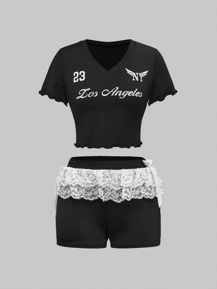 Street Life Athletic Girl Casual Ballet Style Multi-Layer Lace Bow Letter Print V-Neck Short Sleeve Top And Shorts 2pcs Suit