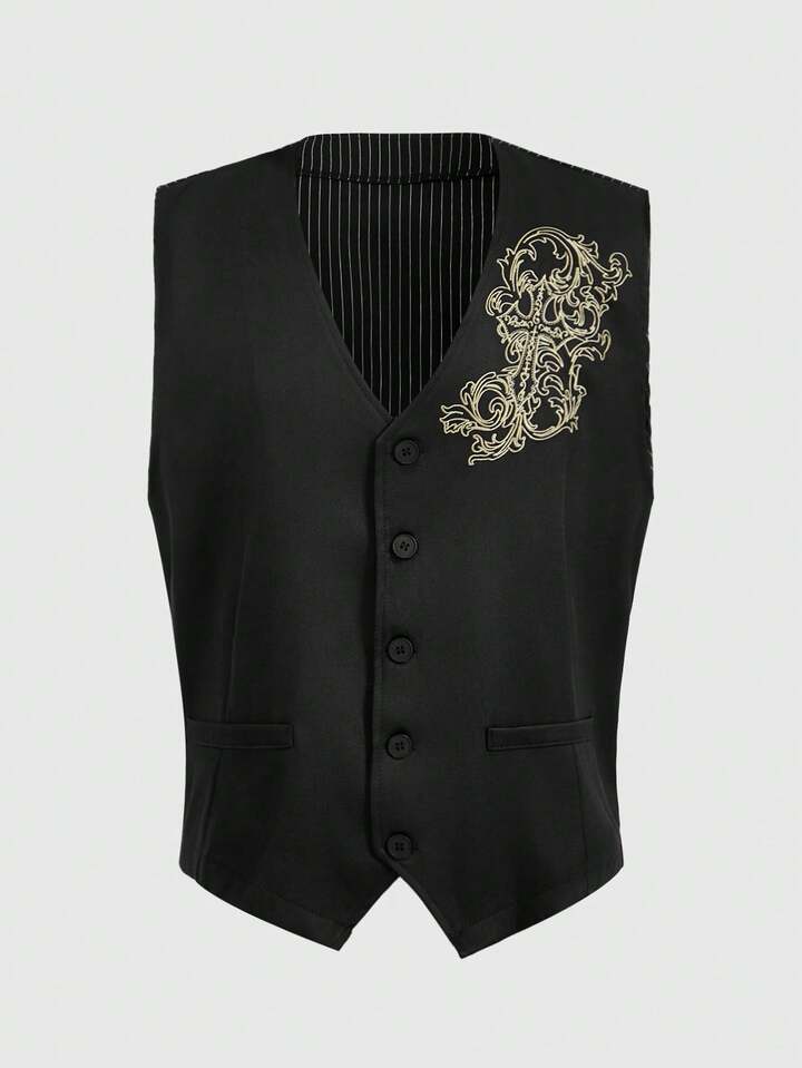 Men's Dark Gothic Academia Style Embroidered Button Vest