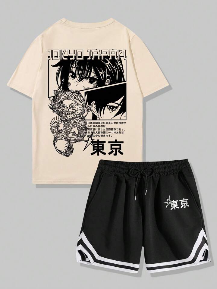 Anime 2pcs/Set Men's Casual Dragon & Japanese Character Print Short Sleeve T-Shirt With Colorblock Shorts, Suitable For Daily Wear In Spring And Summer, School
