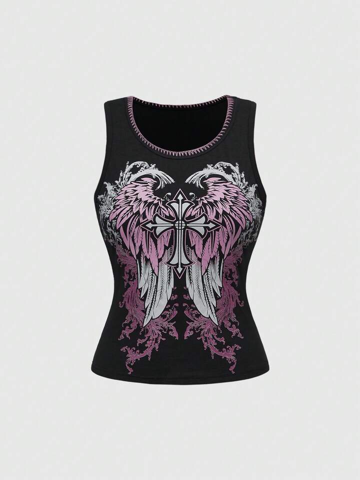 Women's Fashion Wing & Cross Print Round Neck Camisole, Summer