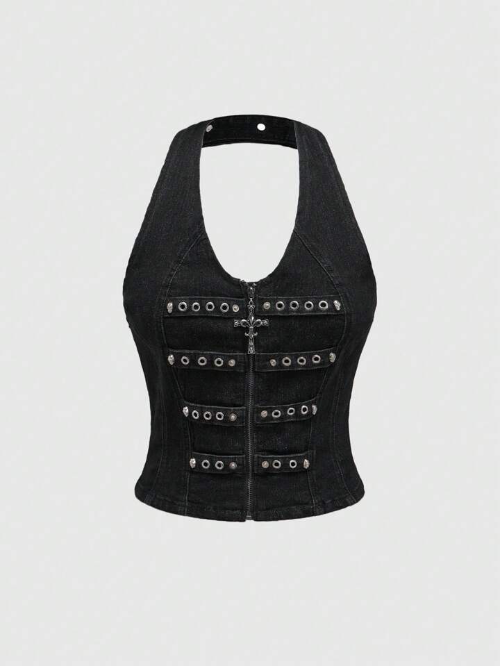 Grunge Punk Y2K Punk Kpop Sexy Cross Zipper Rivet Decor Denim Skinny Deep V Neck Halter Tank Top