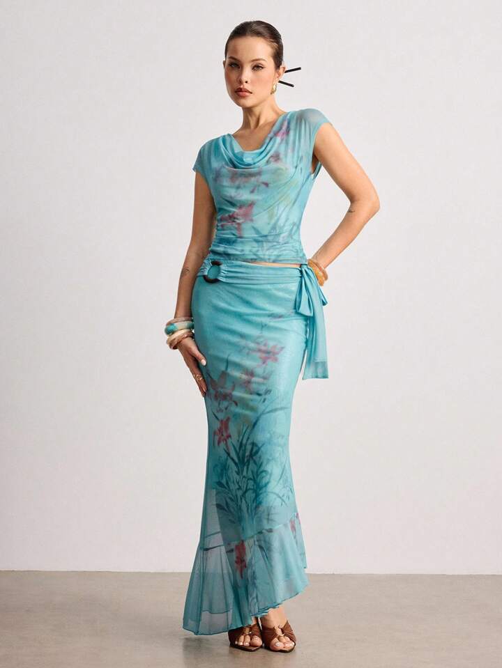 ROMWE Avant Y2K Vintage Floral Print Mesh Overlay Sequin & Bead Embellished Mermaid Skirt