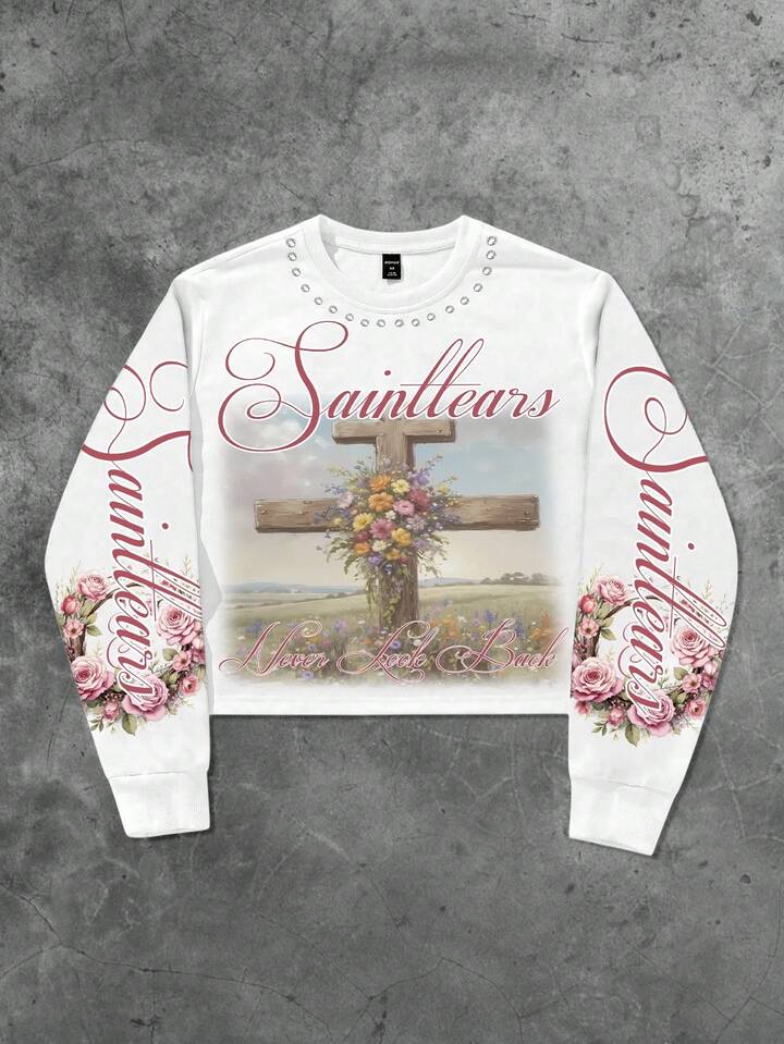 Street Life Men's Floral & Letter Gothic Print Crew Neck Long Sleeve Pullover Sweatshirt, For Fall