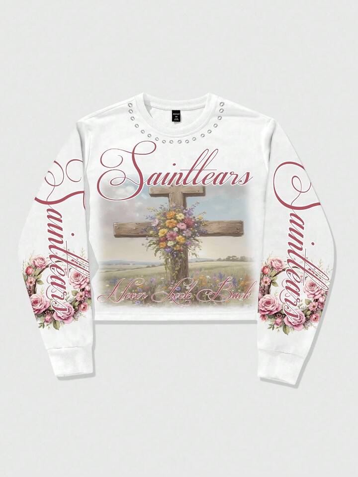 Street Life Men's Floral & Letter Gothic Print Crew Neck Long Sleeve Pullover Sweatshirt, For Fall