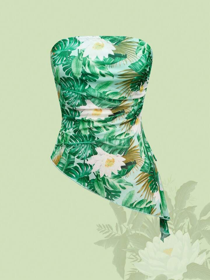 The White Lotus Tropical Print Ruched Waist Asymmetrical Hem Cropped Tube Top, Suitable For Summer Beach Holiday