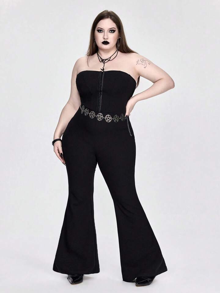 Plus Size Women Gothic Bodysuit With Waist Cincher Design, Suitable For Nightclub Or Concert