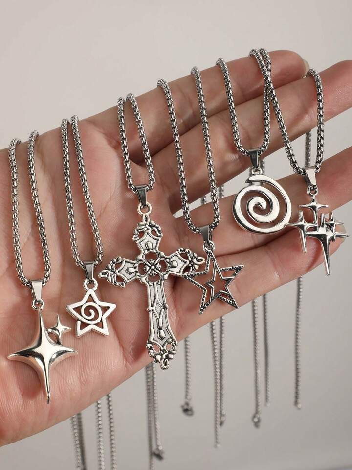 5pcs Vintage Gothic Cross, Sun, Moon, Moth, Skull Necklace Set